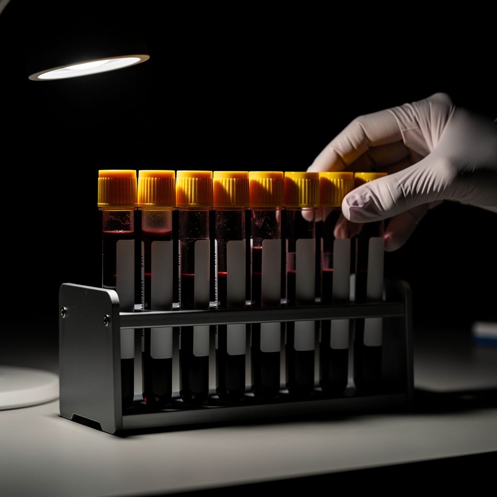 Blood sample tubes with yellow caps in a rack, ready for hormone and glucose testing