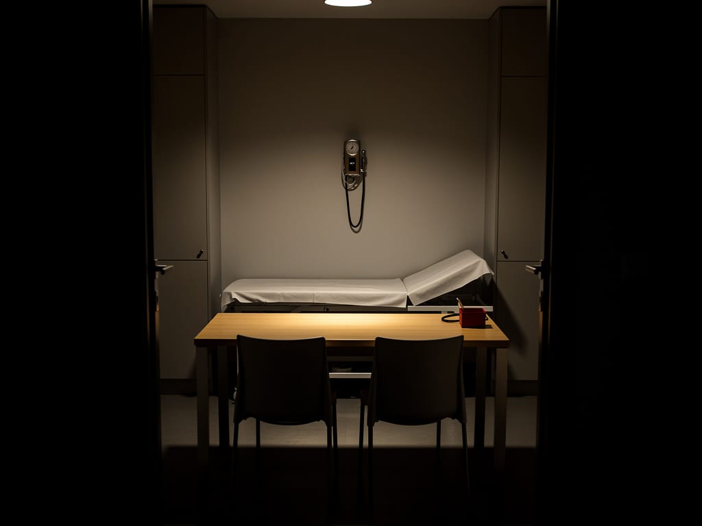 A quiet, dimly lit men's health consultation room with a desk, two chairs and an examination couch
