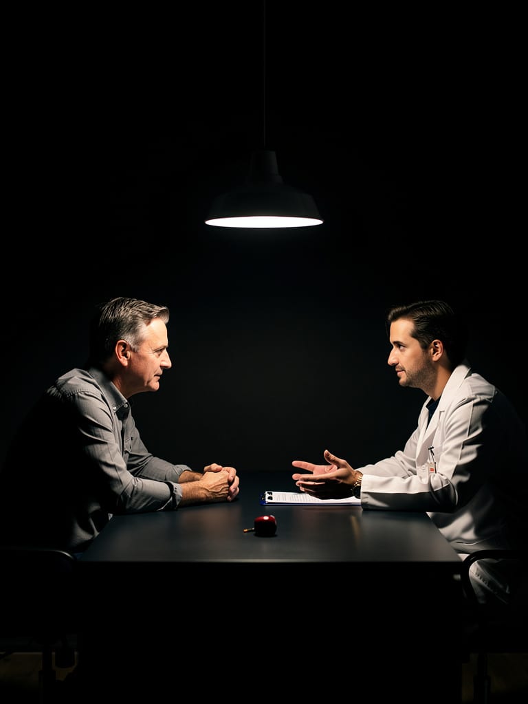 A doctor and a male patient talk face to face across a desk in a softly lit room