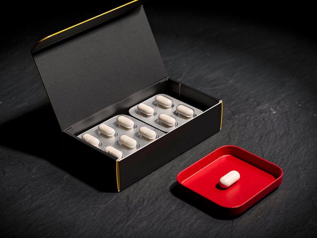 Unmarked blister packs of medication in a discreet matte box on a clinic counter