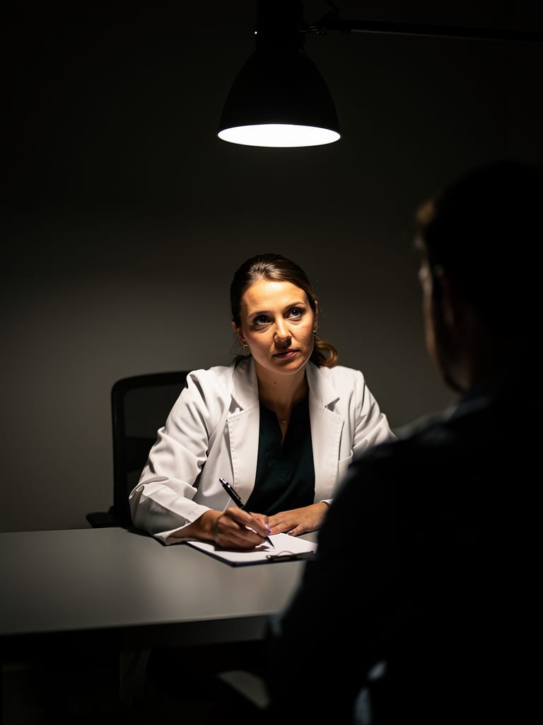 A urologist listens attentively to a patient during a private consultation