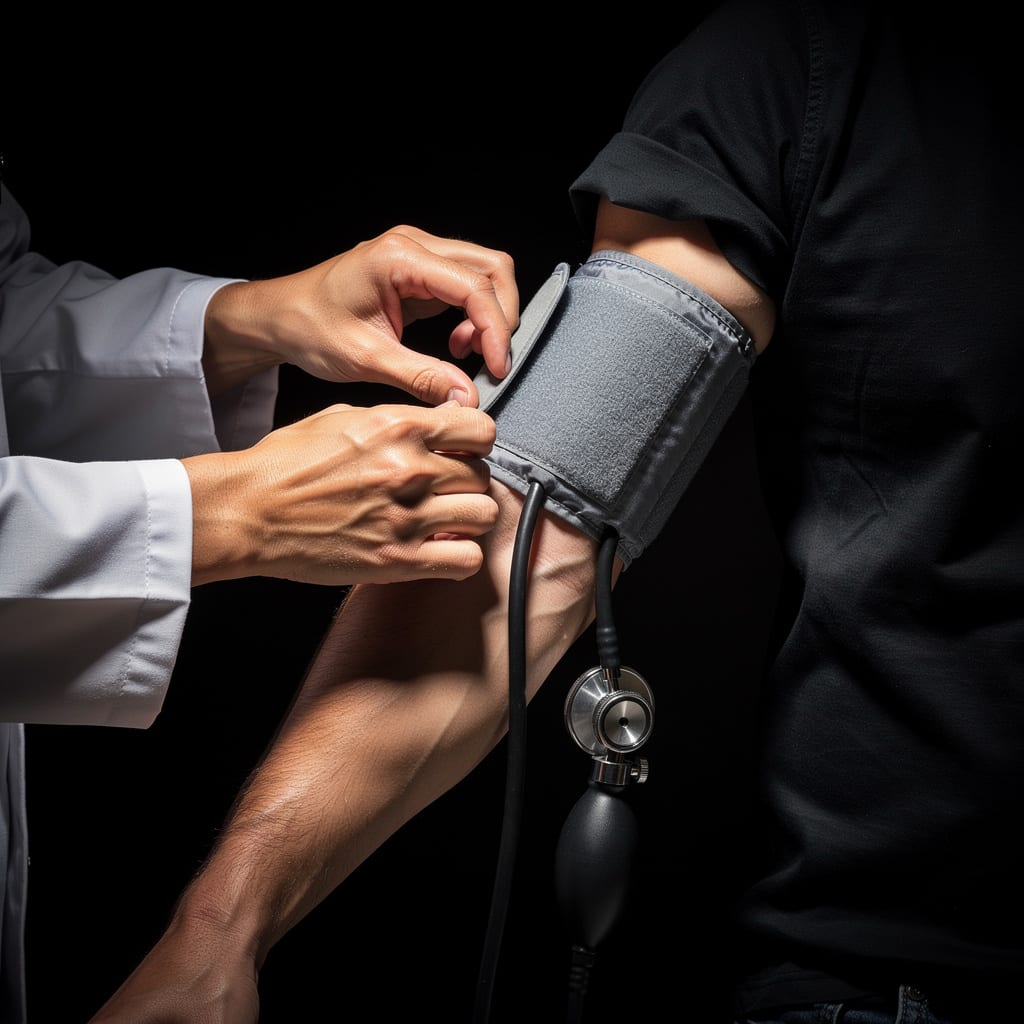 A doctor's hands fasten a blood pressure cuff around a male patient's upper arm